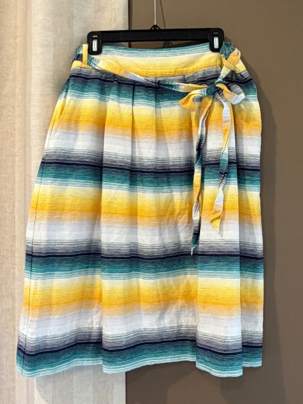 GAP Belted A-line Skirt, Yellow Blue White Striped Linen Blend, Summer, Size 12